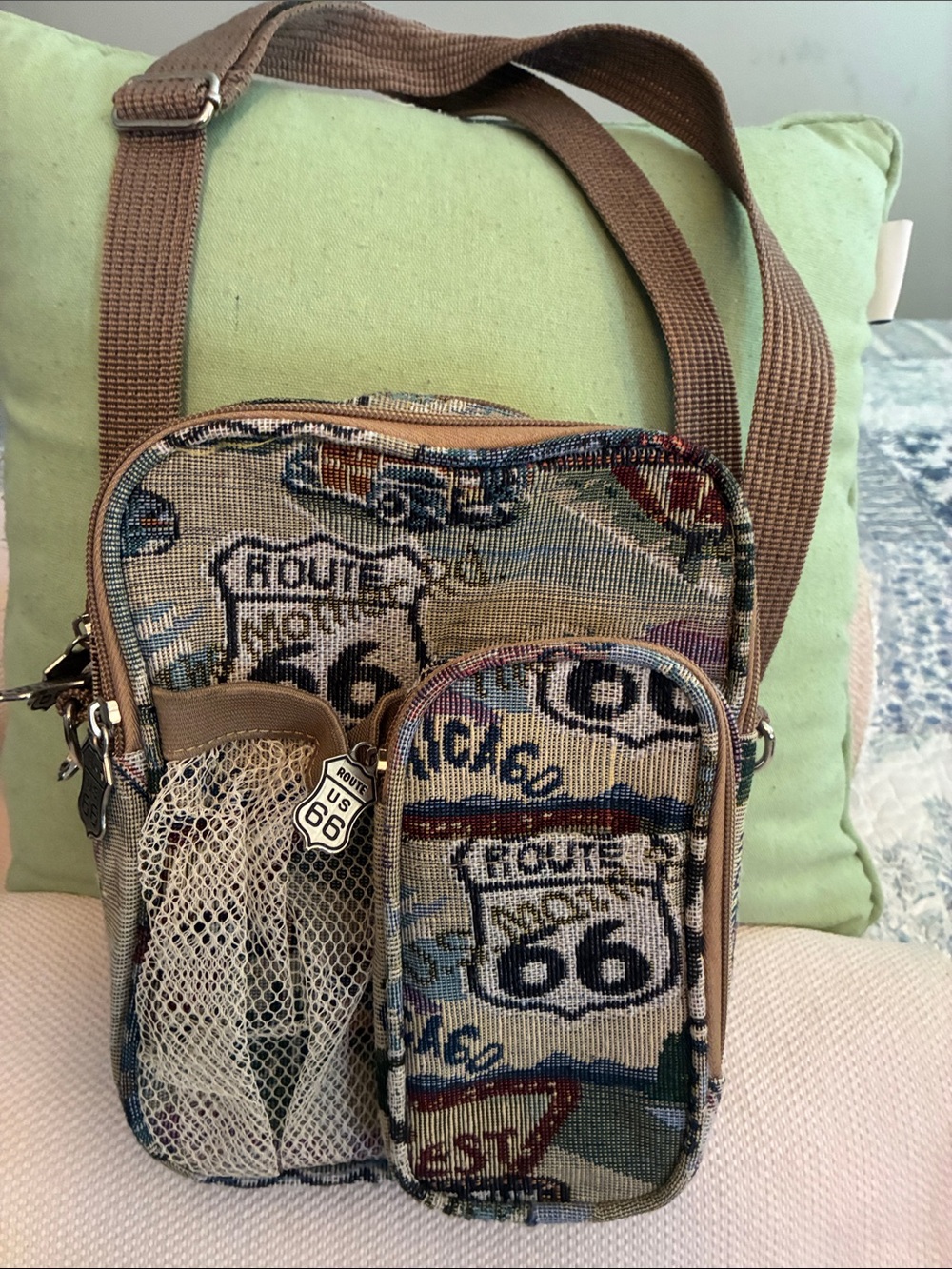 Route 66 Unisex Patterned Brown Crossbody Utility tapestry travel Bag